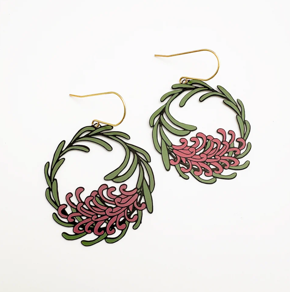 DENZ "Grevillea Wreath earrings in Black/Green/Pink" Christmas painted steel dangles statement earrings