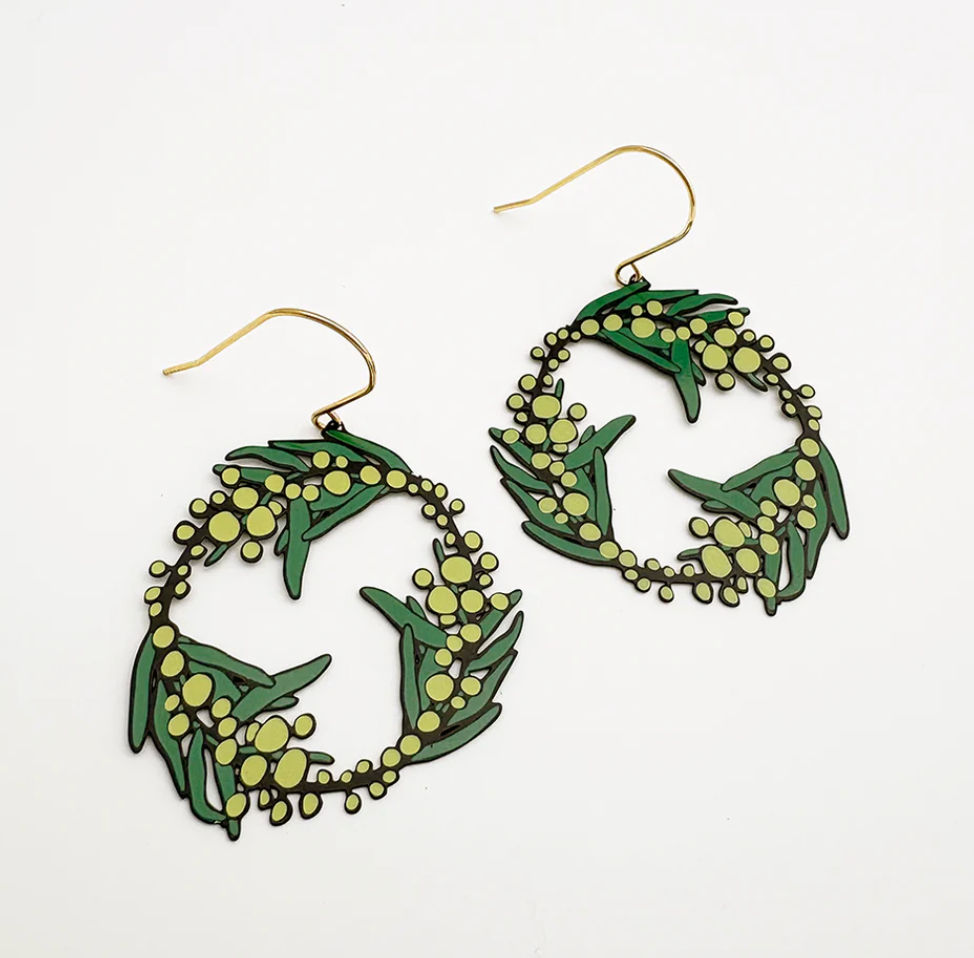 DENZ "Wattle Wreath earrings in Black/Green/Yellow" Christmas painted steel dangles statement earrings