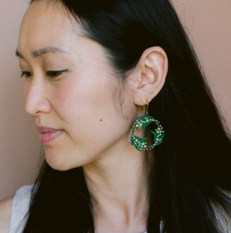 DENZ "Wattle Wreath earrings in Black/Green/Yellow" Christmas painted steel dangles statement earrings