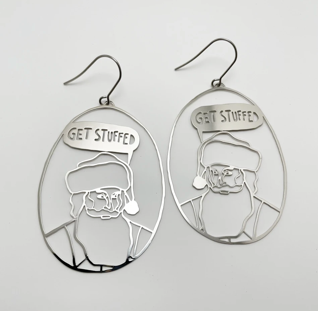 DENZ "Get Stuffed Santas" Christmas dangles statement earrings - in Silver