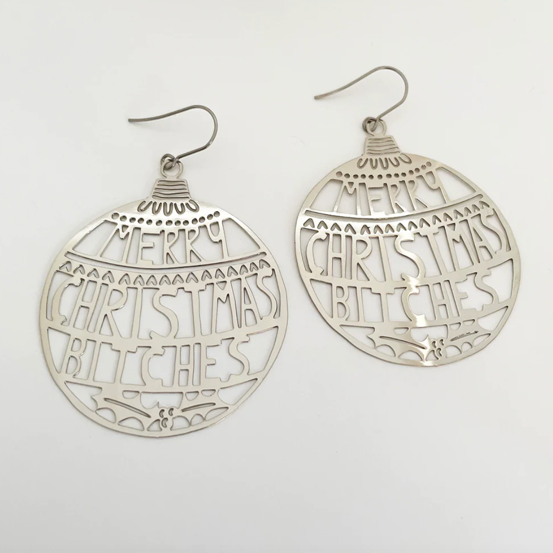 DENZ "Merry Christmas bitches" Christmas dangles statement earrings - in silver