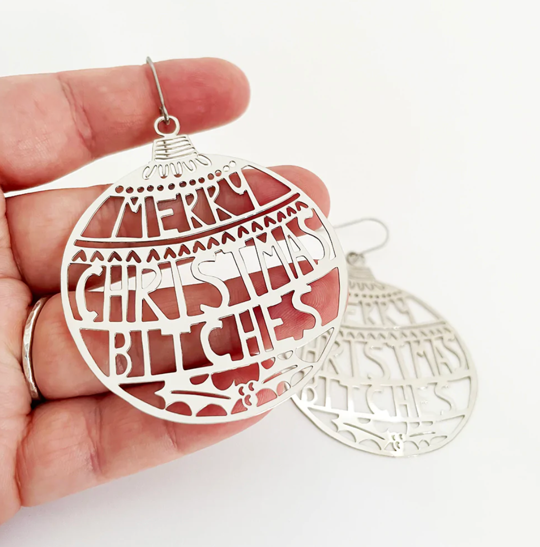 DENZ "Merry Christmas bitches" Christmas dangles statement earrings - in silver