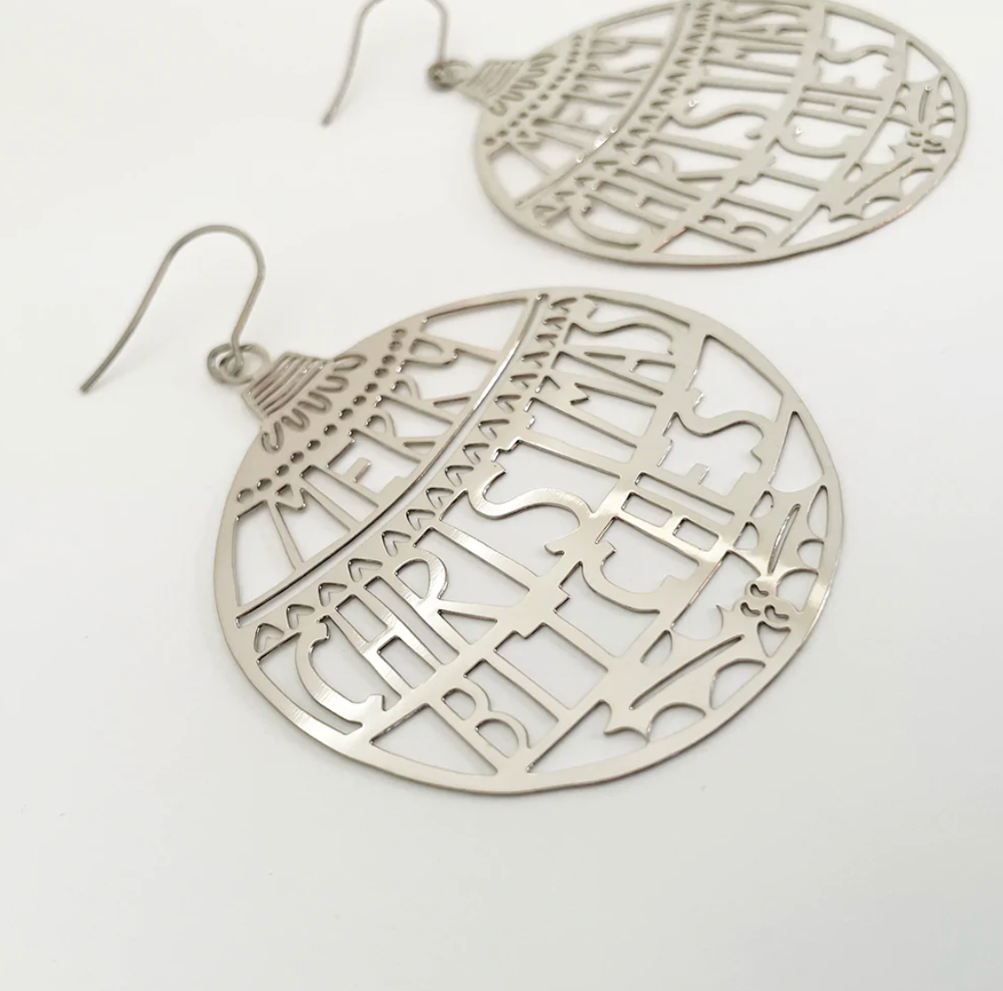 DENZ "Merry Christmas bitches" Christmas dangles statement earrings - in silver