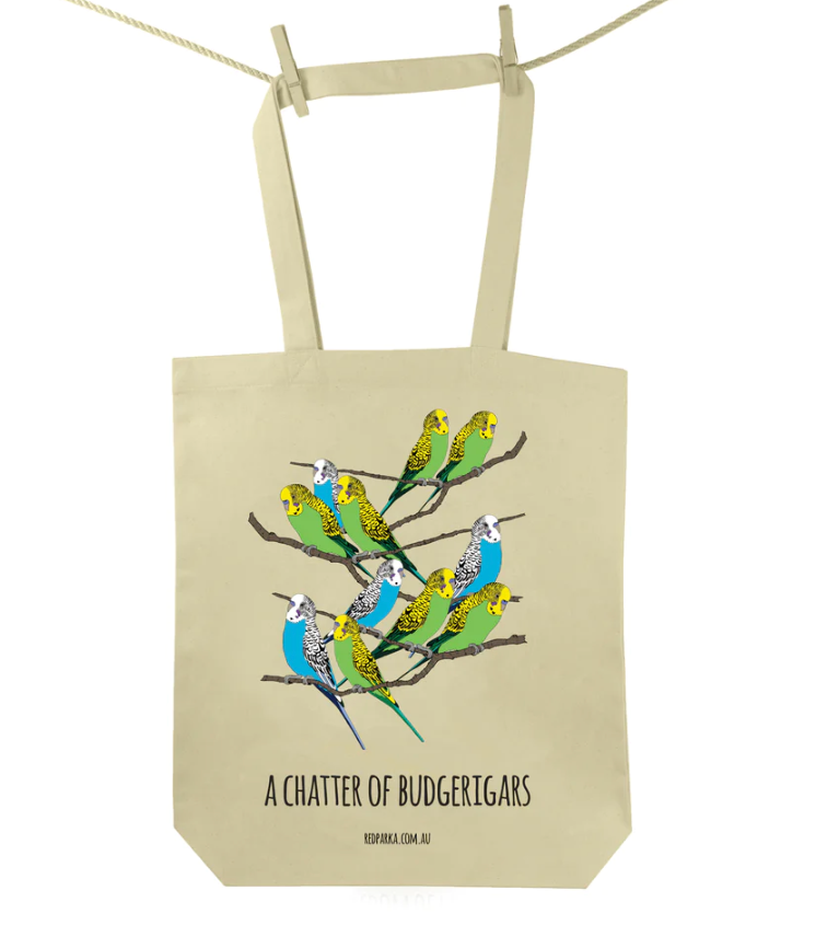 Red Parka (Jen Cossins) - A chatter of budgerigars tote bag