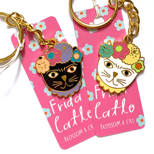 Blossom and Cat Keyring · Keyring · Frida Catlo · Choose Your Colour - Black or White
