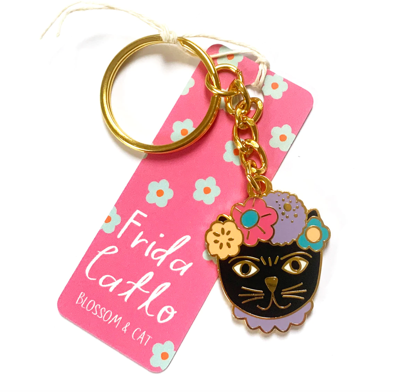 Blossom and Cat Keyring · Keyring · Frida Catlo · Choose Your Colour - Black or White