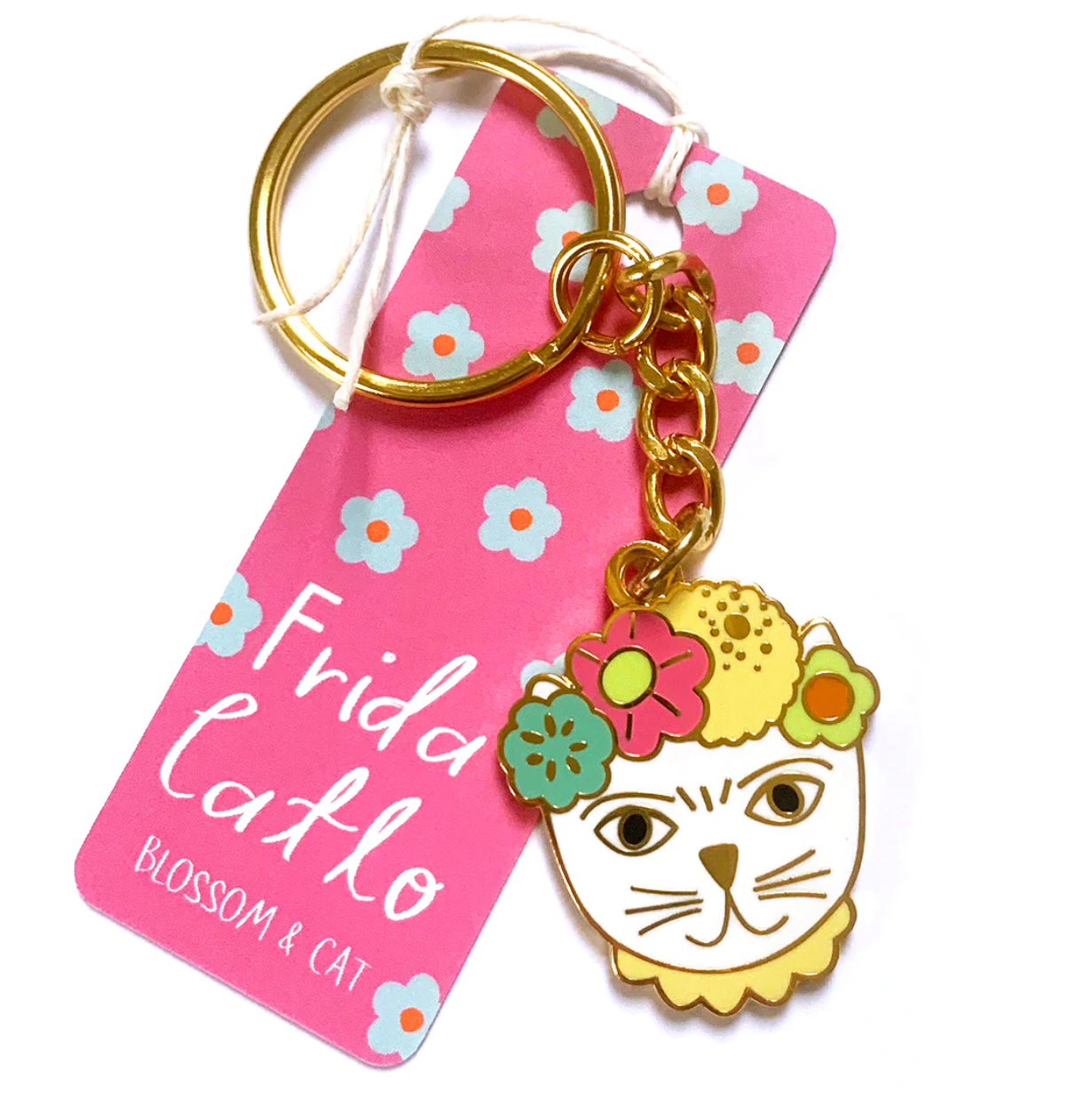 Blossom and Cat Keyring · Keyring · Frida Catlo · Choose Your Colour - Black or White