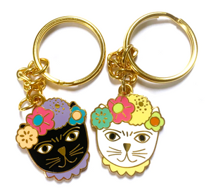 Blossom and Cat Keyring · Keyring · Frida Catlo · Choose Your Colour - Black or White