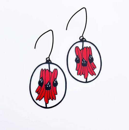 DENZ "Sturt Desert Pea" statement earrings in red/black