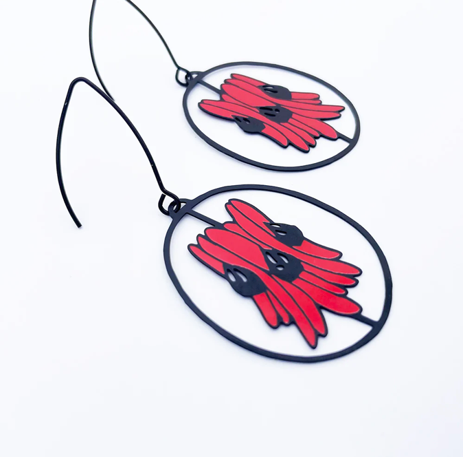 DENZ "Sturt Desert Pea" statement earrings in red/black