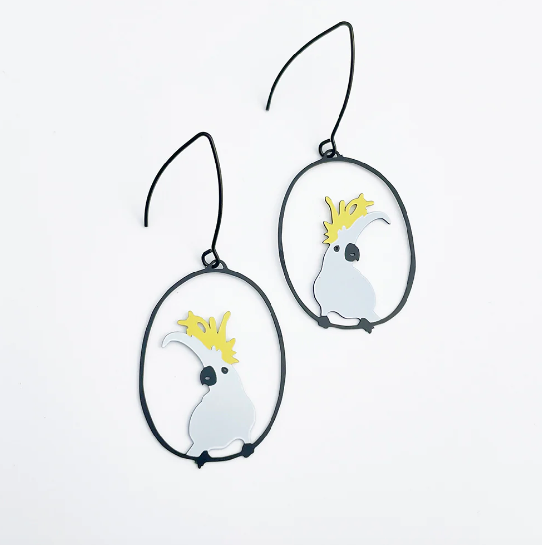 DENZ "Sulphur crested cockatoo" statement earrings in White/Yellow