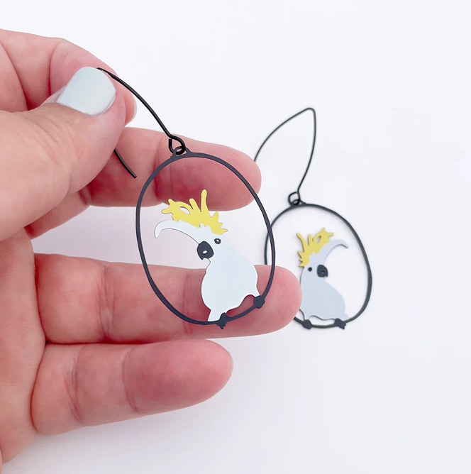 DENZ "Sulphur crested cockatoo" statement earrings in White/Yellow