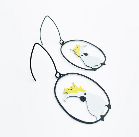 DENZ "Sulphur crested cockatoo" statement earrings in White/Yellow