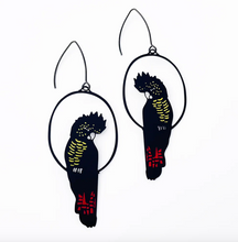 DENZ "Red Tailed Black Cockatoo" dangles statement earrings