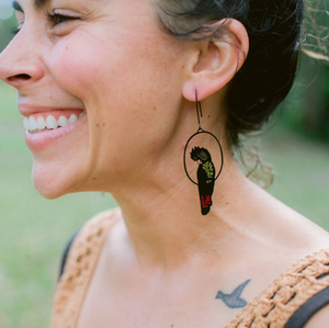 DENZ "Red Tailed Black Cockatoo" dangles statement earrings