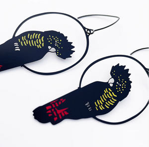 DENZ "Red Tailed Black Cockatoo" dangles statement earrings