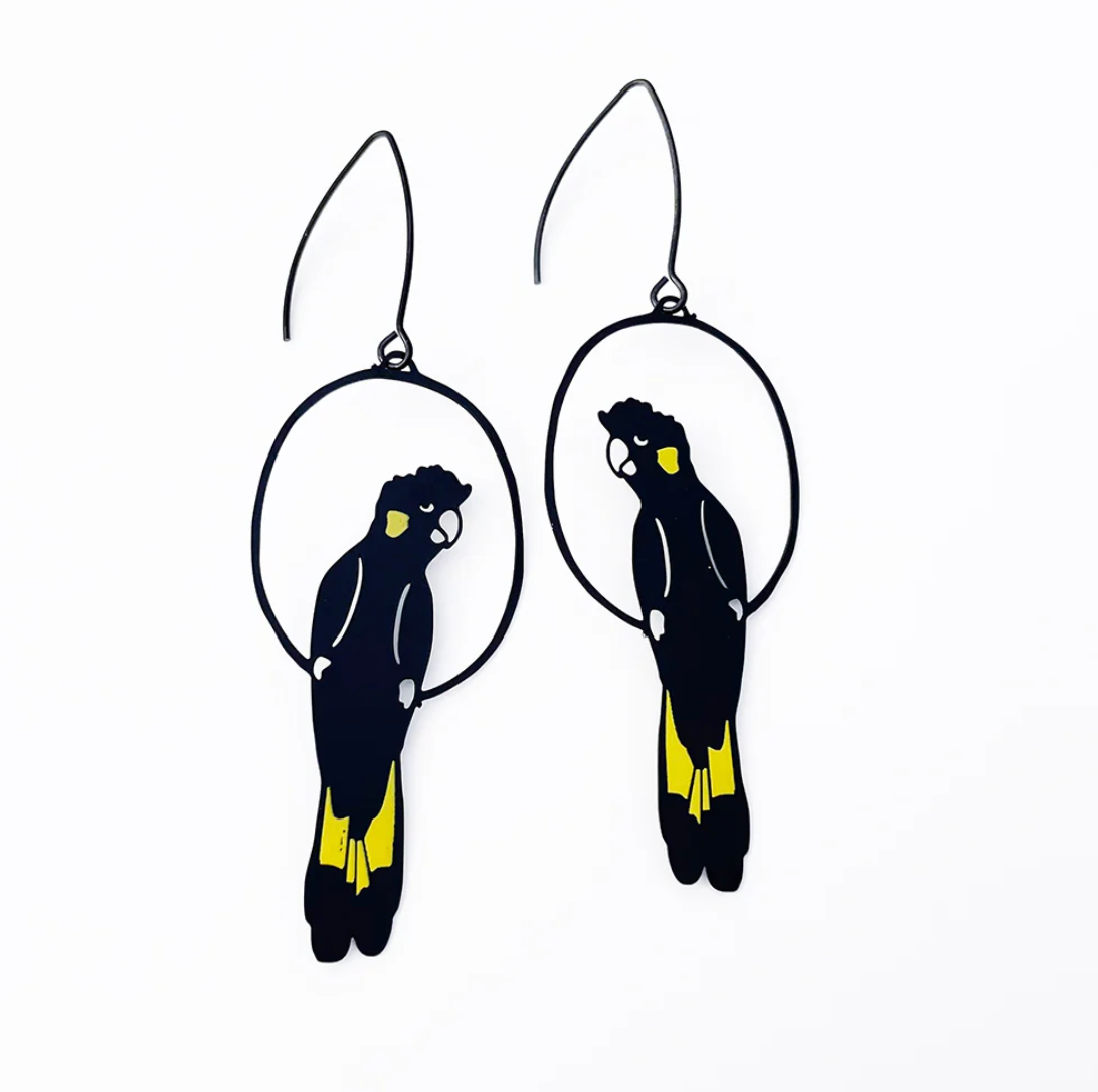 DENZ "Yellow Tailed Black Cockatoo" dangles statement earrings