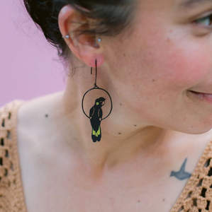 DENZ "Yellow Tailed Black Cockatoo" dangles statement earrings