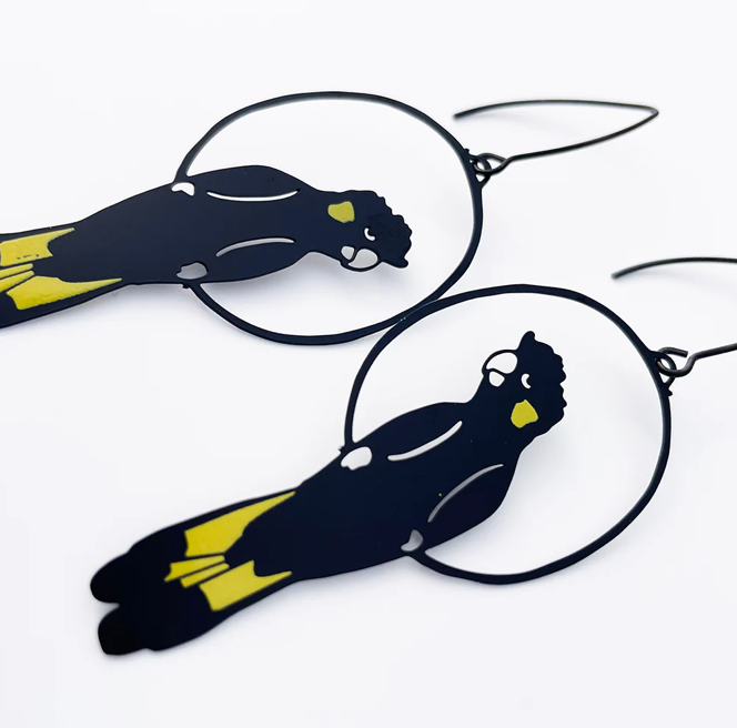 DENZ "Yellow Tailed Black Cockatoo" dangles statement earrings