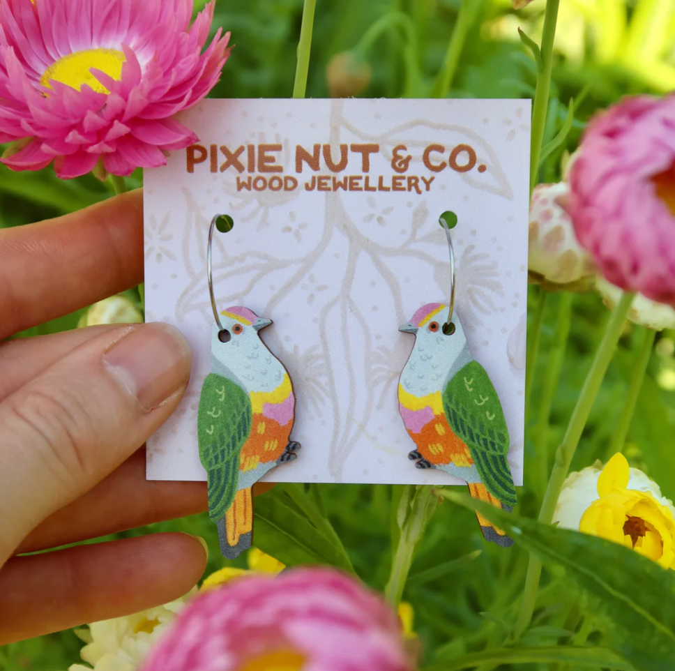 PIxie Nut & Co - Rose Crowned Fruit Dove Australian Bird Earrings