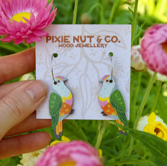 PIxie Nut & Co - Rose Crowned Fruit Dove Australian Bird Earrings