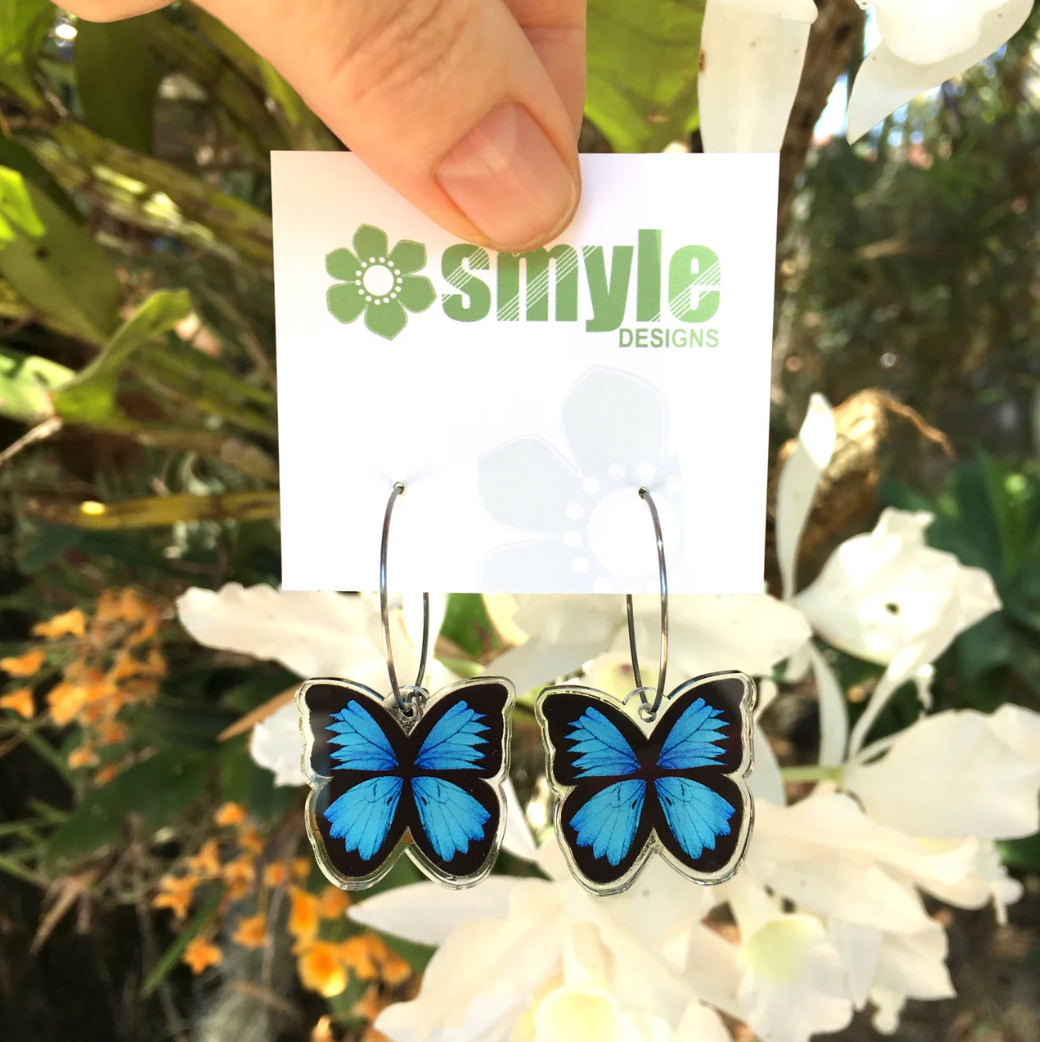 Smyle Designs - Blue butterfly hoop Earrings