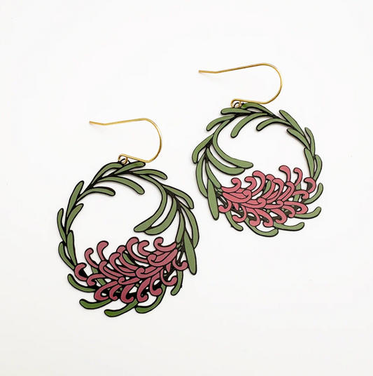 DENZ "Grevillea Wreath earrings in Black/Green/Pink"  Christmas painted steel dangles statement earrings