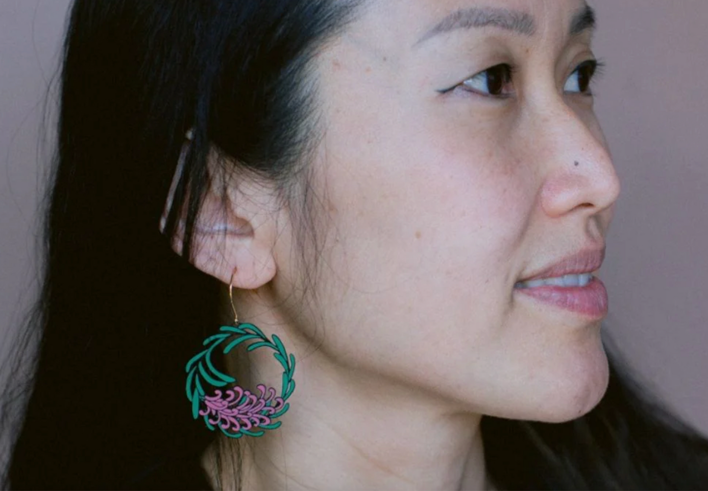 DENZ "Grevillea Wreath earrings in Black/Green/Pink"  Christmas painted steel dangles statement earrings