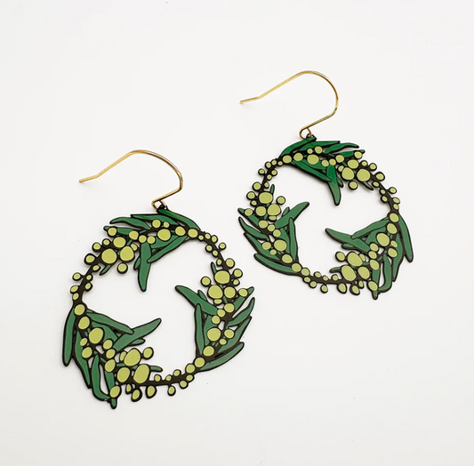 DENZ "Wattle Wreath earrings in Black/Green/Yellow"  Christmas painted steel dangles statement earrings
