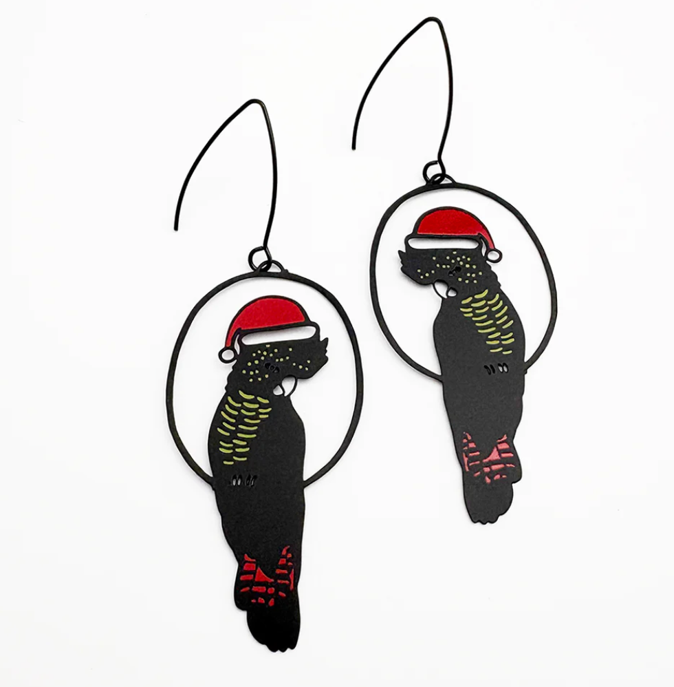 DENZ "Christmas Red Tailed Cockatoos in Black/Red/Yellow" Christmas dangles statement earrings