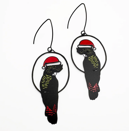 DENZ "Christmas Red Tailed Cockatoos in Black/Red/Yellow" Christmas dangles statement earrings