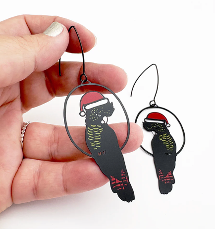 DENZ "Christmas Red Tailed Cockatoos in Black/Red/Yellow" Christmas dangles statement earrings