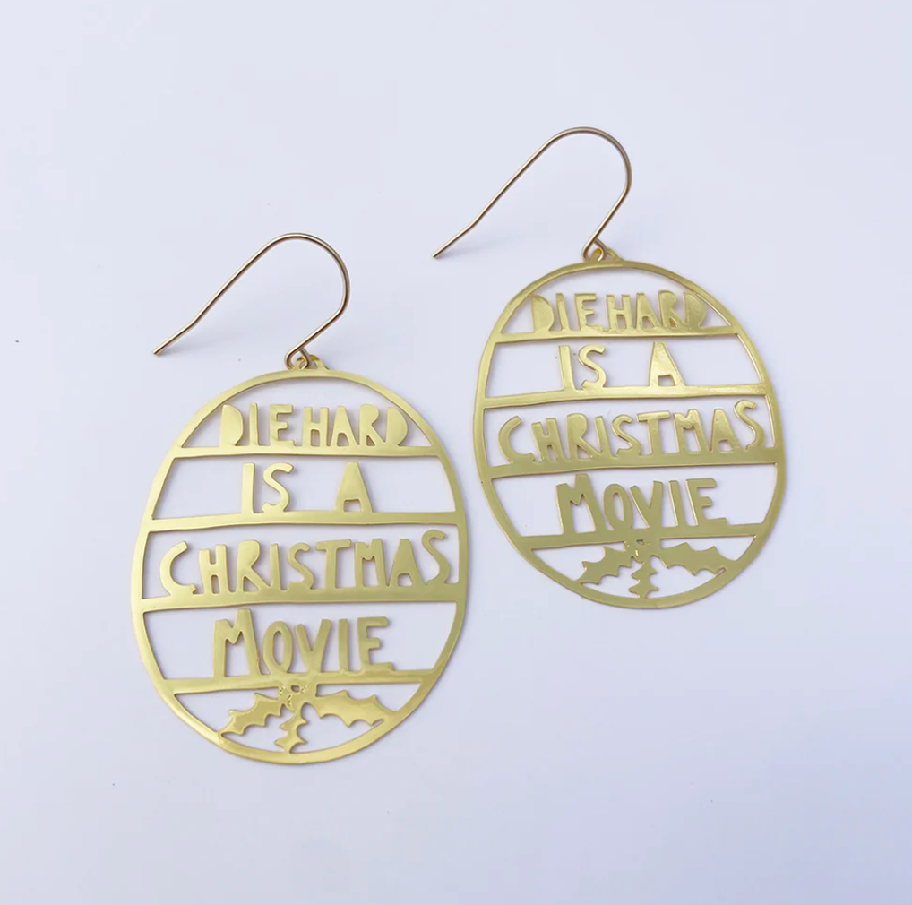 DENZ "Die Hard Is a Christmas Movie" earrings in Silver or Gold - Christmas painted steel dangles statement earrings
