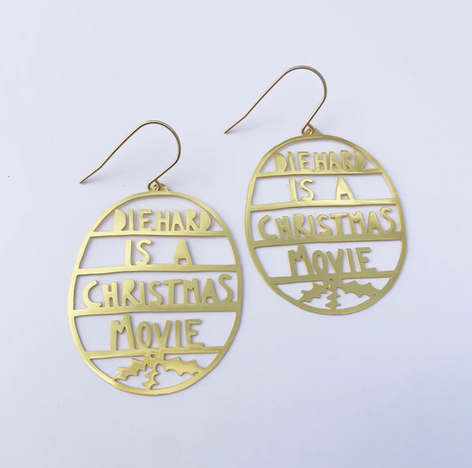 DENZ "Die Hard Is a Christmas Movie" earrings in Silver or Gold - Christmas painted steel dangles statement earrings
