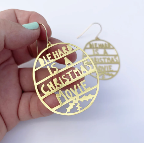 DENZ "Die Hard Is a Christmas Movie" earrings in Silver or Gold - Christmas painted steel dangles statement earrings