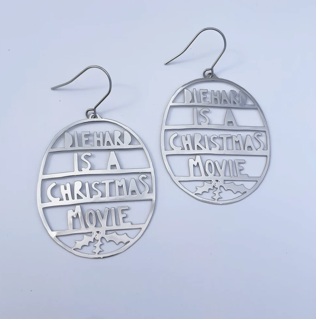 DENZ "Die Hard Is a Christmas Movie" earrings in Silver or Gold - Christmas painted steel dangles statement earrings