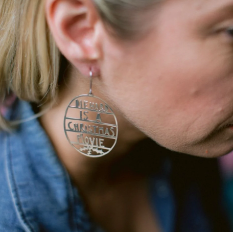 DENZ "Die Hard Is a Christmas Movie" earrings in Silver or Gold - Christmas painted steel dangles statement earrings