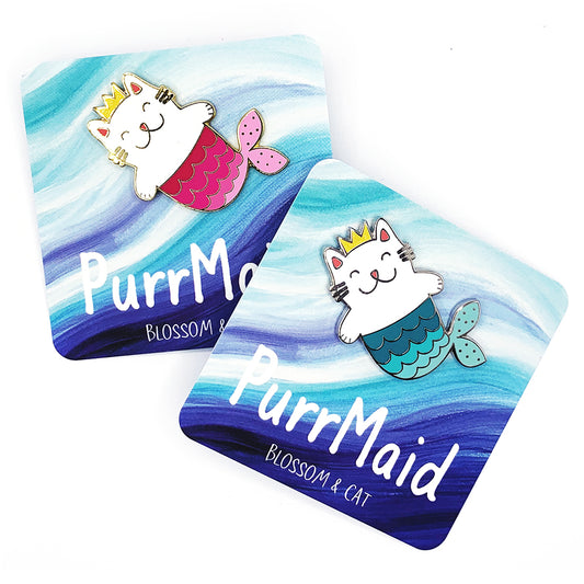 Blossom & Cat - Classic PurrMaid Enamel pin · Blue or Pink · Choose Your Colour