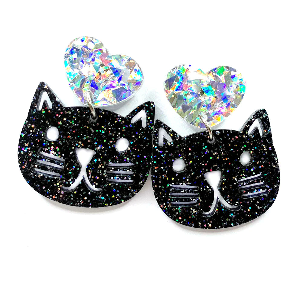 Blossom and Cat - Happy Heart Cat · Black Silver statement earrings
