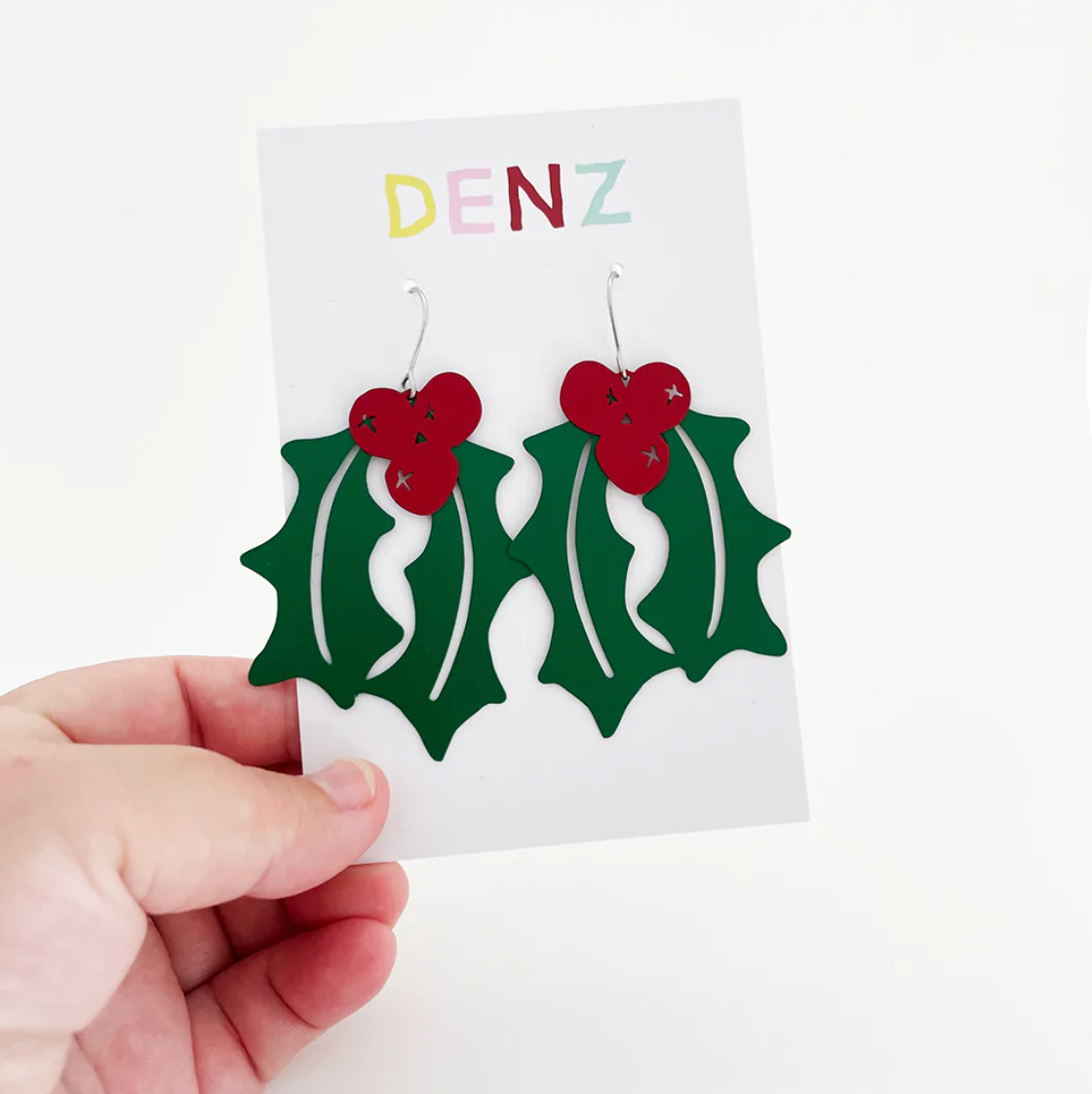 DENZ "Holly"  Christmas painted steel dangles statement earrings