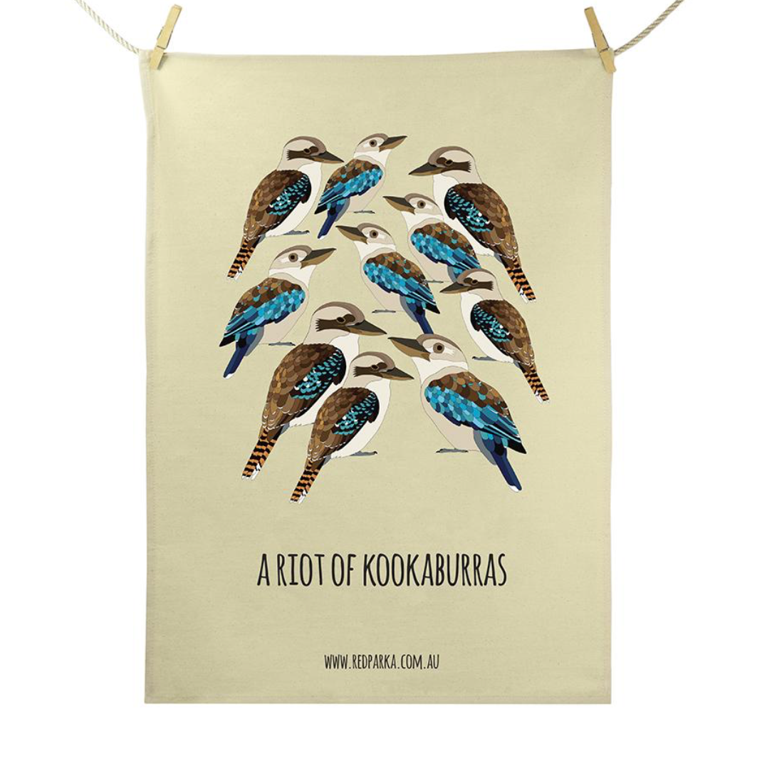 Red Parka (Jen Cossins) - A riot of Kookaburras Teatowel