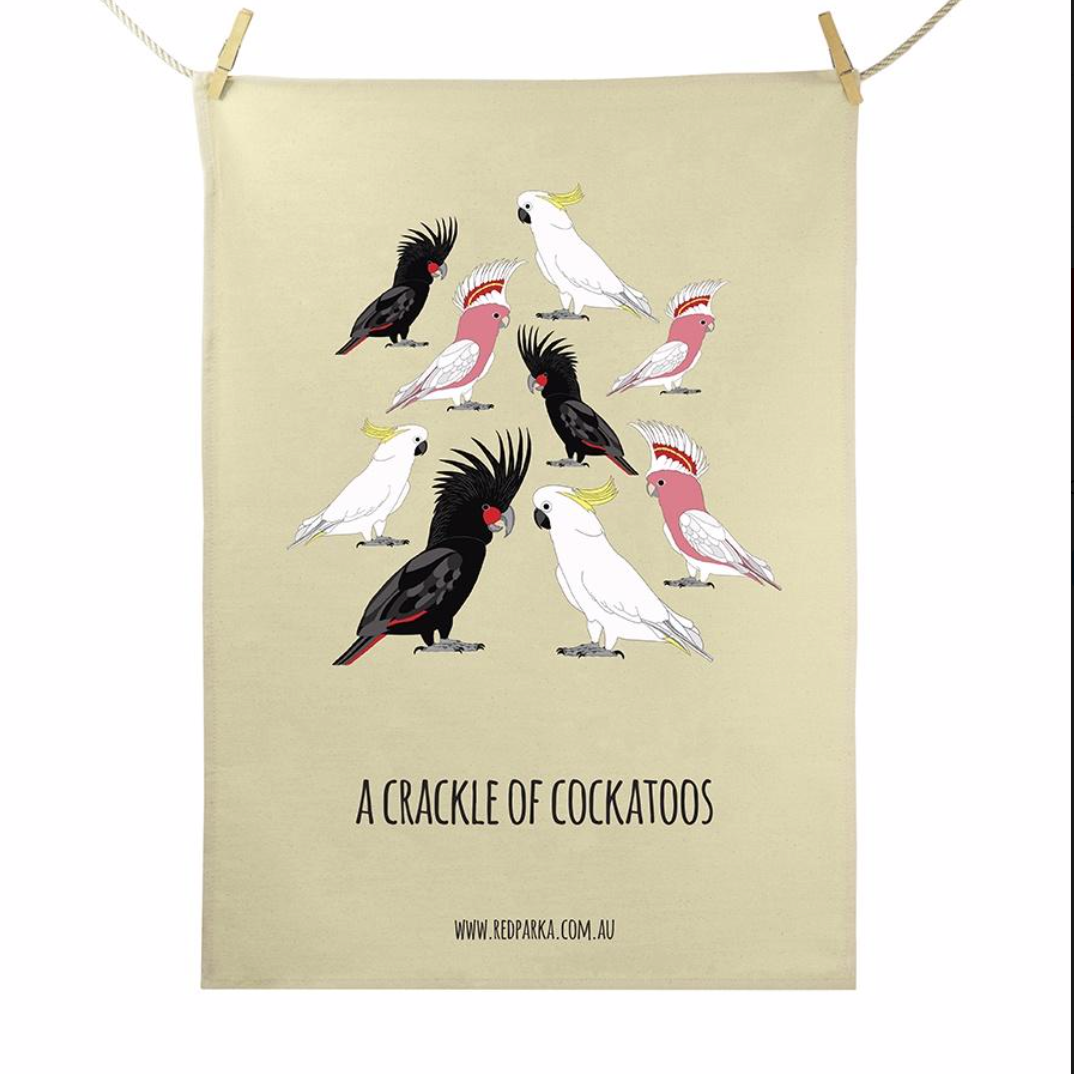 Red Parka (Jen Cossins) - A Crackle of Cockatoos Teatowel