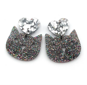 Blossom and Cat - Happy Heart Cat · Rainbow with Chunky Silver statement earrings