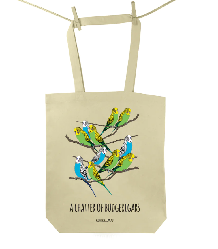 Red Parka (Jen Cossins) - A chatter of budgerigars  tote bag